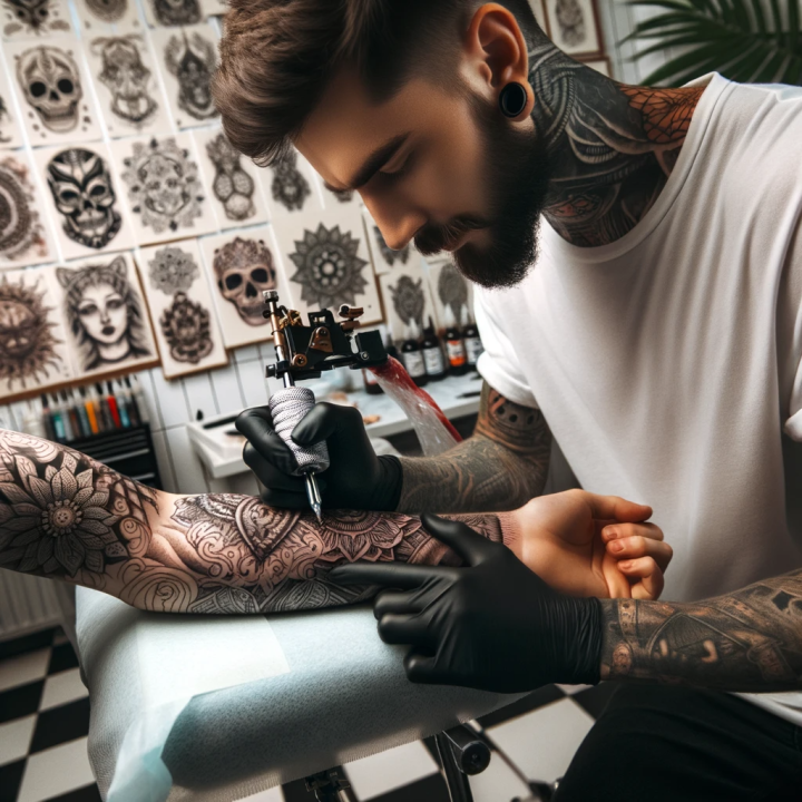 Skilled tattoo artist meticulously inking a detailed sleeve design in a studio adorned with various tattoo sketches.