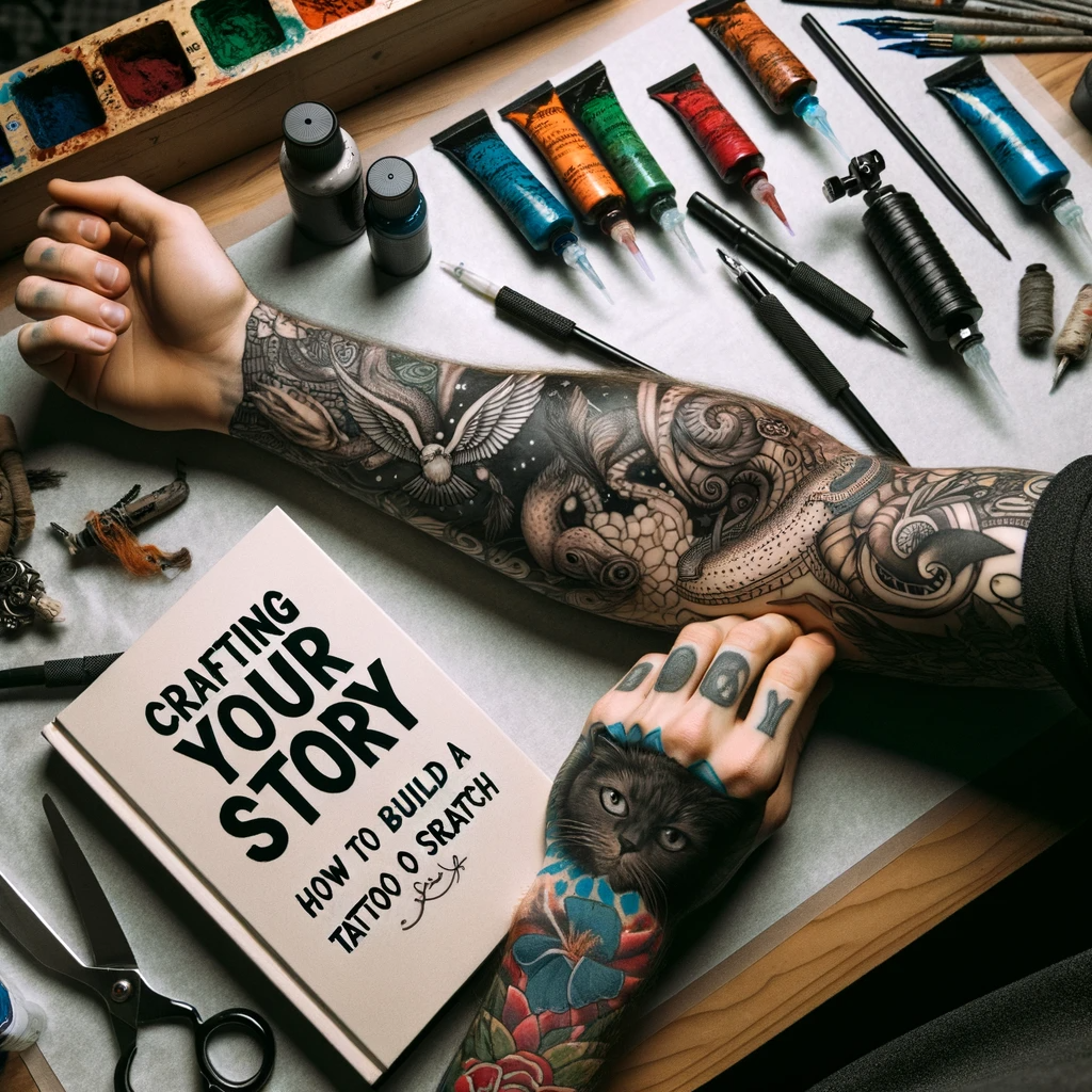 Tattoo design tools alongside a forearm inked with detailed nature-inspired imagery.