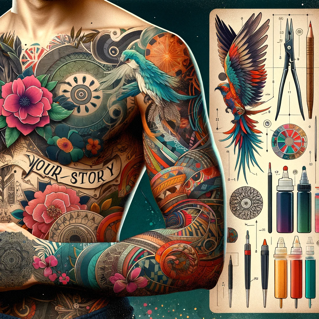 Artistic image showing a person with a partially completed tattoo sleeve, surrounded by design sketches, ink palettes, and tattoo tools.