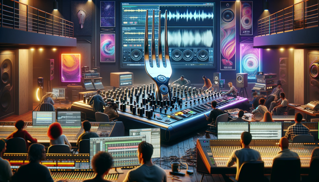 Inside a modern music studio, featuring the innovative 'Fork Audio' device with its unique fork-like design, used by diverse music producers.