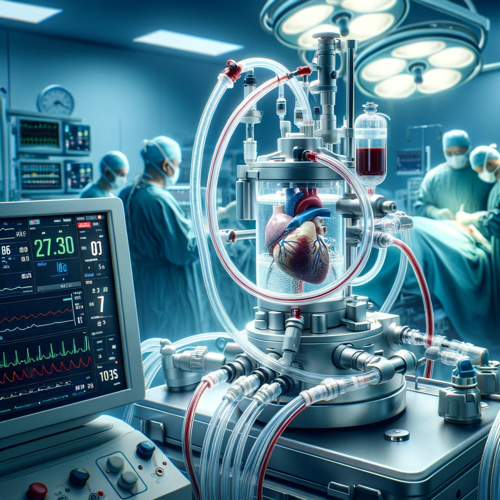 A medical scene depicting a cardiac pump in use during heart surgery, highlighting its role in life-saving medical procedures.